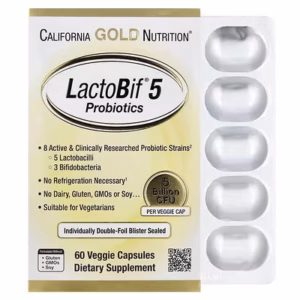 كاليفورنيا غولد نيوتريشن, lactobif® 5، بروبيوتيك مع 5 سلالات من البكتيريا الملبنة و 3 سلالات من بكتيريا الشقاء، 5 مليارات وحدة تشكيل مستعمرة، 60 كبسولة نباتية